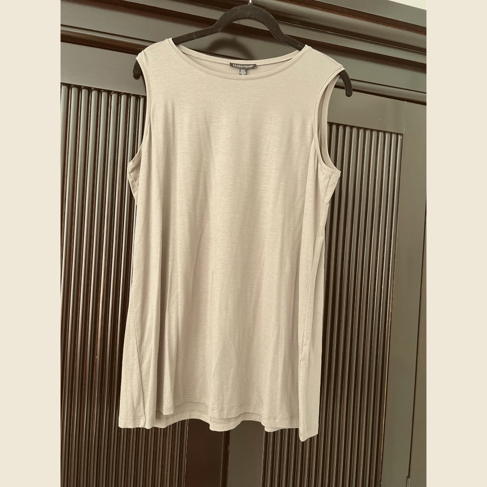 Eileen Fisher Stretch Jersey Knit Crew Neck Long Tank, Taupe, Size Large, NWT